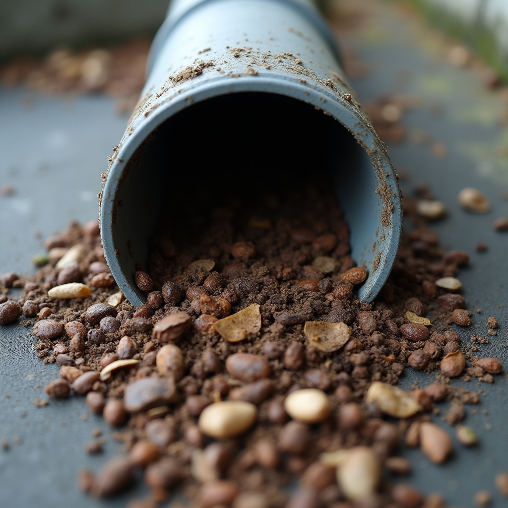 Close-up of blocked rainwater downpipe with accumulated leaves and debris