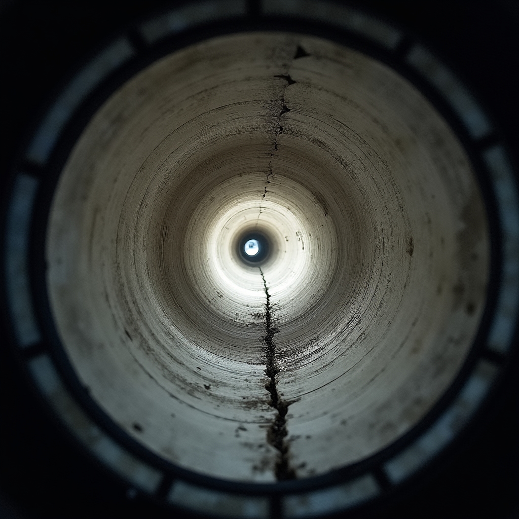 Camera inspection view inside a rainwater downpipe showing internal condition
