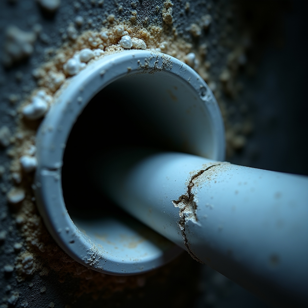Camera inspection revealing crack at pipe joint inside building drainage system