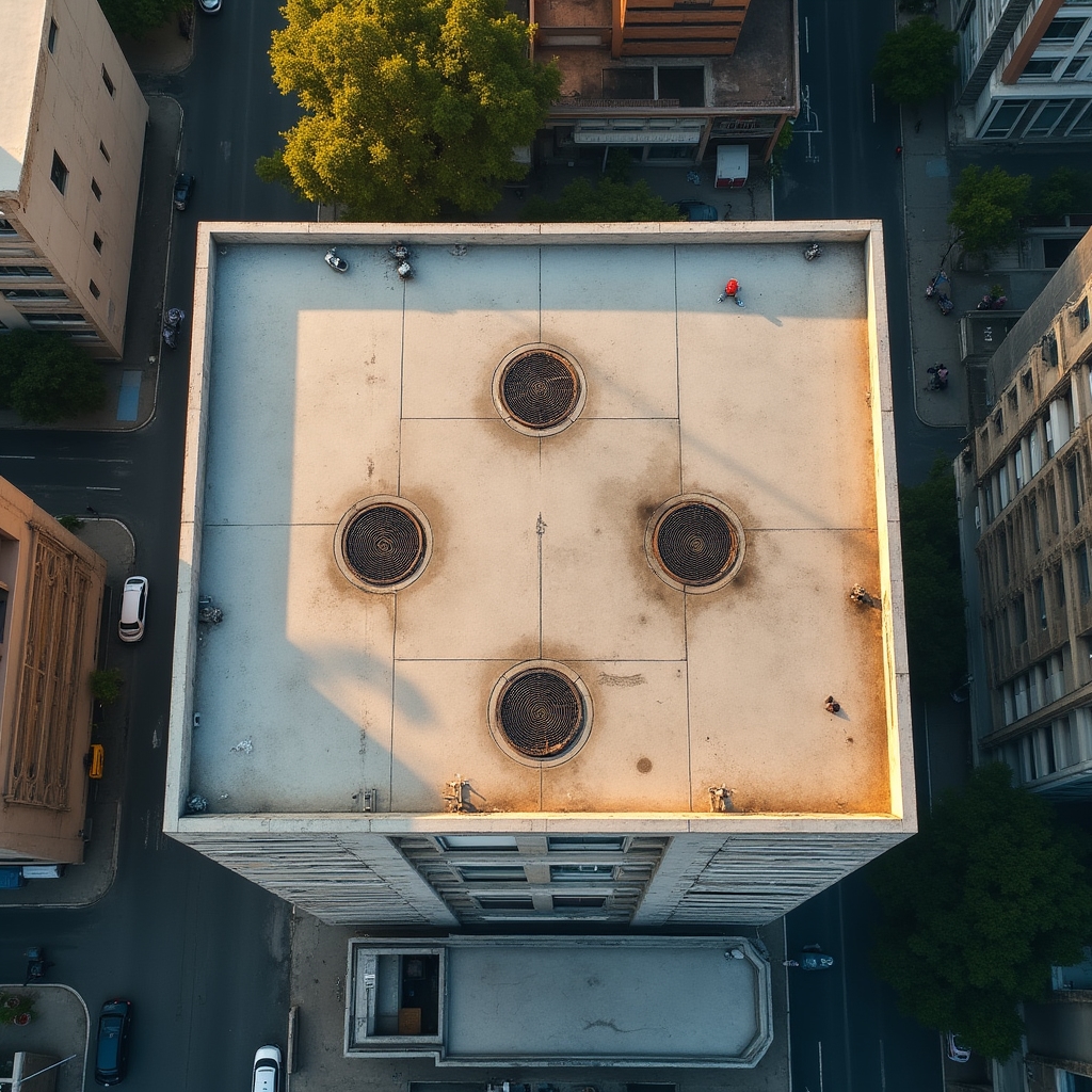 Aerial view of building rooftop with drainage system